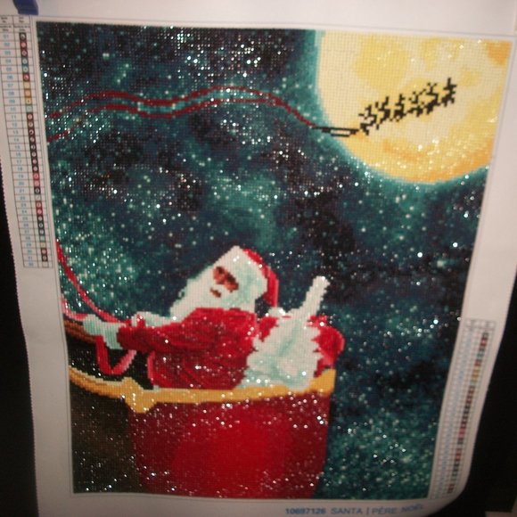Completed Large Handmade Beaded Needlepoint of Santa w the Moon - Picture 1 of 2